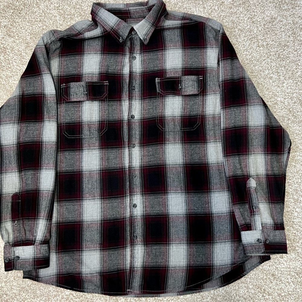 Faded Glory, 2XL, black gray plaid with red accents, long sleeve button up
